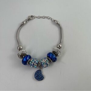 Fiora Italy Charm Bracelet Sterling Silver Blue & Rhinestones